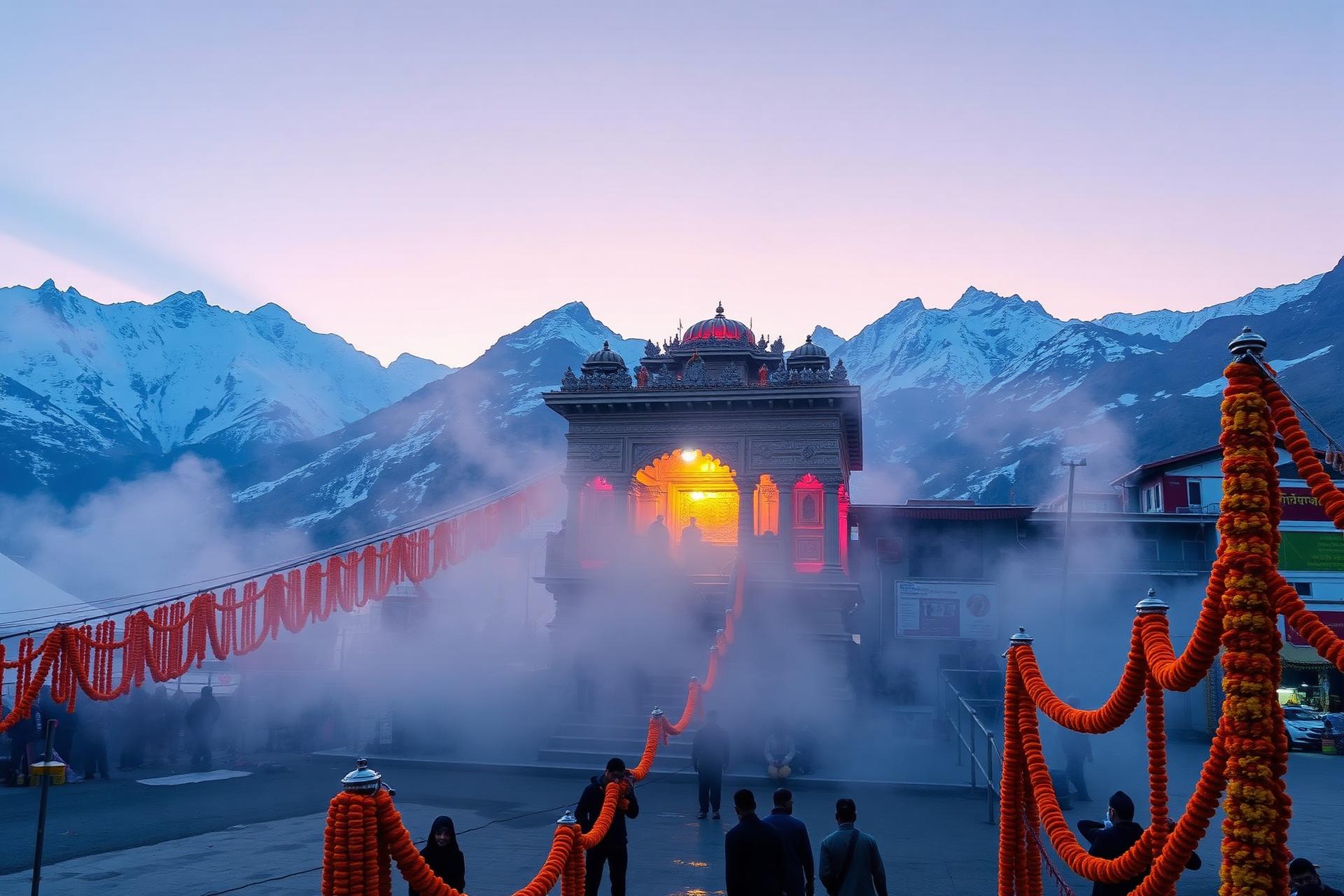 Sacred Himalayan temple with snow peaks in the Char Dham circuit