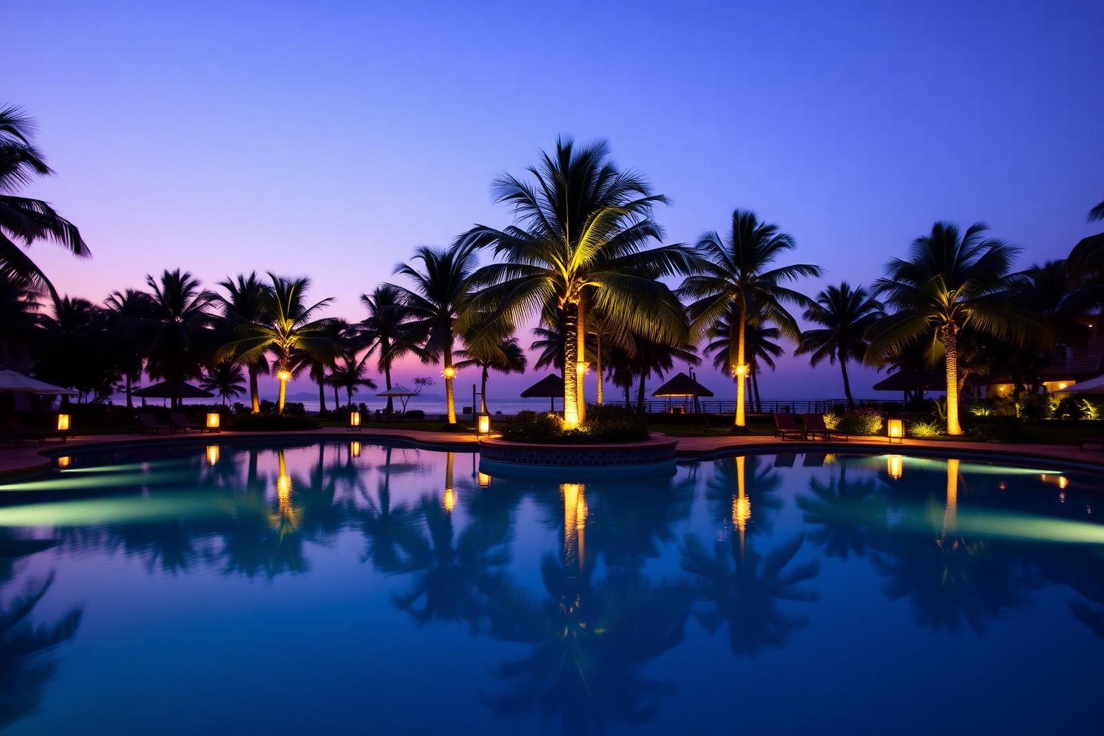 Palm-lined resort pool at dusk in Goa